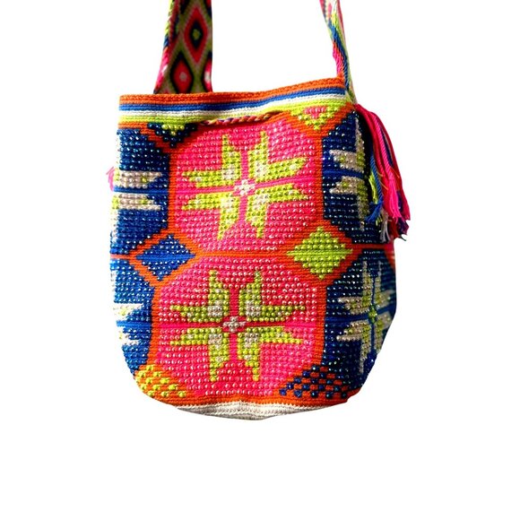 WAYUU Handmade Crochet Beaded Crossbody Bag Multicolor Tasseled Bohemian Hippie - Picture 6 of 15